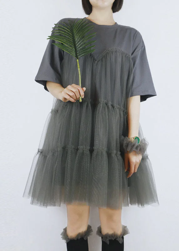 French Grey O-Neck Tulle Patchwork Cotton Robe Dresses Short Sleeve Tulle Dress Soft