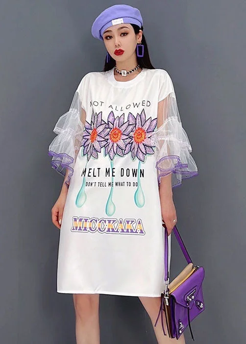 Unique White O-Neck Tulle Original Print Patchwork Mid Dress Flare Sleeve Pleated Tulle Dress