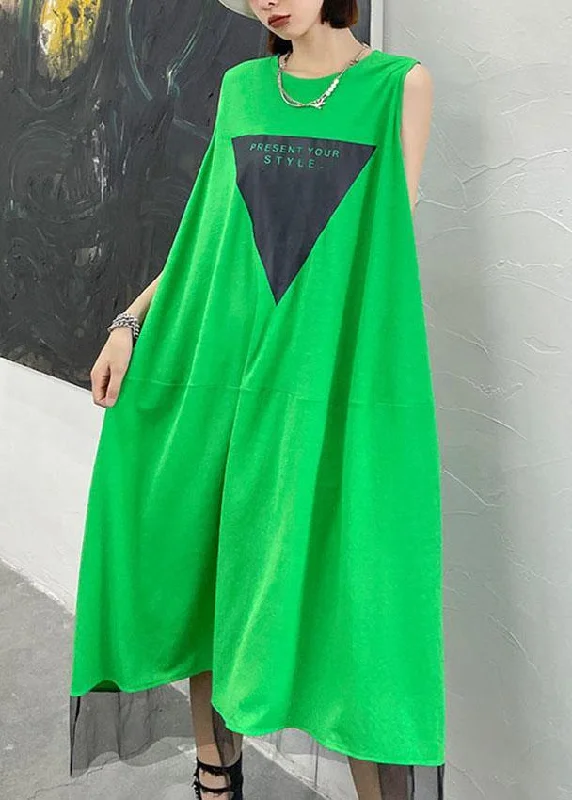 Casual Green Patchwork Tulle Sleeveless Summer Dress Vintage Tulle Dress