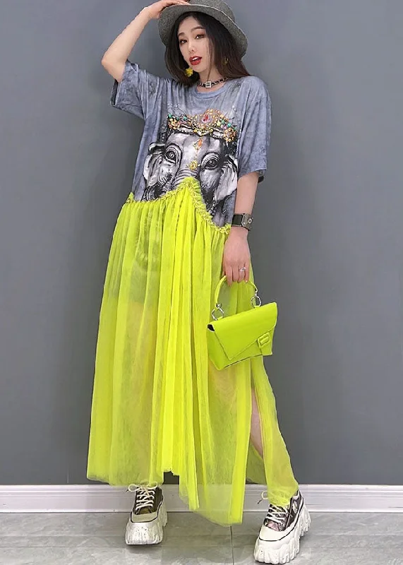 Fashion Grey O-Neck Patchwork Tulle Print Cotton Maxi Dress Short Sleeve Tulle Dress Fluffy