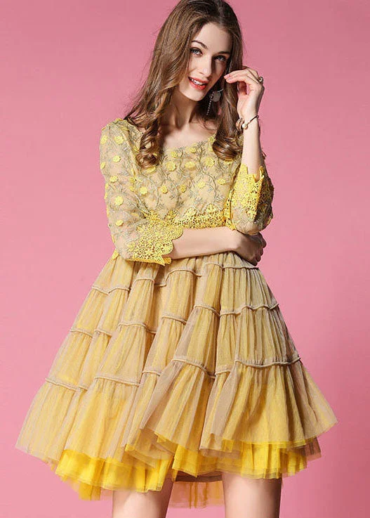 Women Yellow Embroideried Lace Patchwork Tulle Dress Bracelet Sleeve Tulle Dress Set