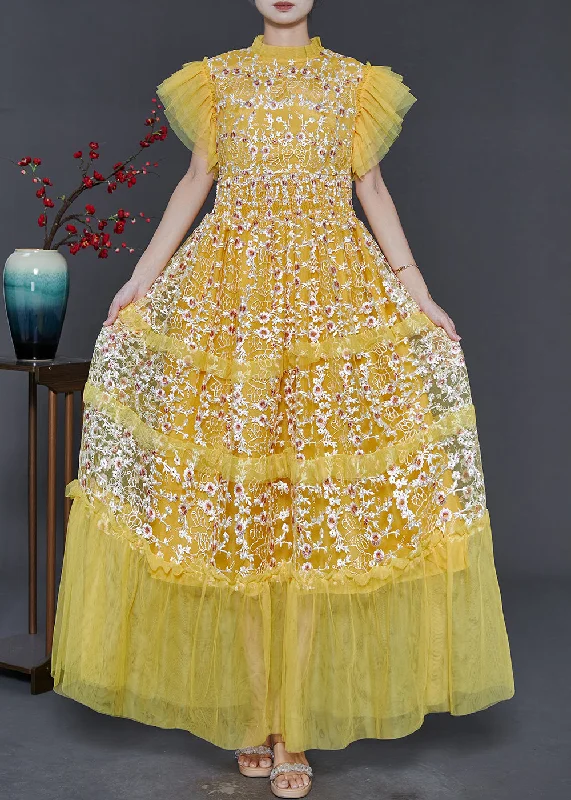 French Yellow Embroidered Patchwork Tulle Holiday Dress Summer Full Tulle Dress