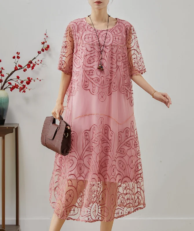 Beautiful Pink Embroidered Tulle Ankle Dress Summer Boho Chic Tulle