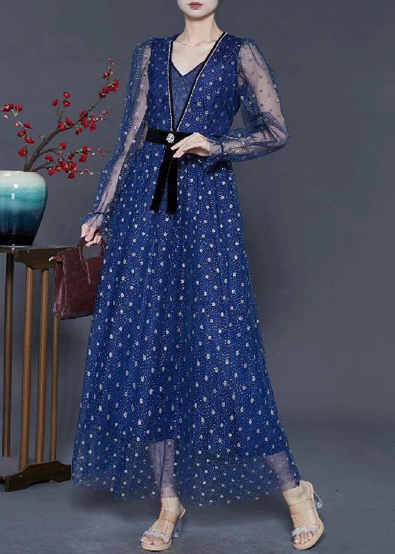 Elegant Blue V Neck Print Tulle Long Dresses Summer Tulle Dress Soft