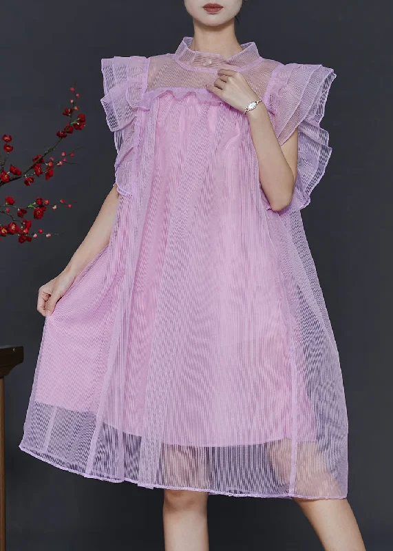 Women Pink Oversized Tulle Vacation Dress Butterfly Sleeve Tulle Dress Puff