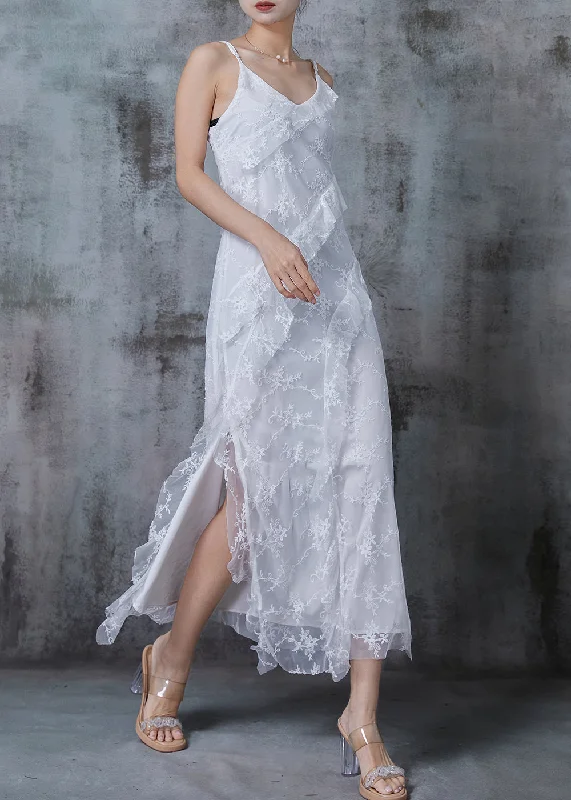 Fine White Embroidered Side Open Tulle Spaghetti Strap Dress Summer Tulle Dress Trend