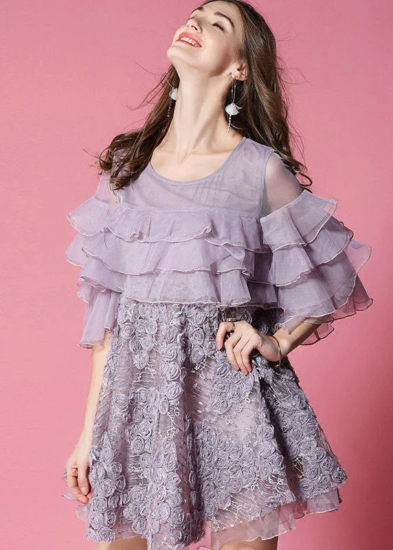 Purple Patchwork Tulle Mid Dress Ruffled Hollow Out Half Sleeve Black Tulle Dress