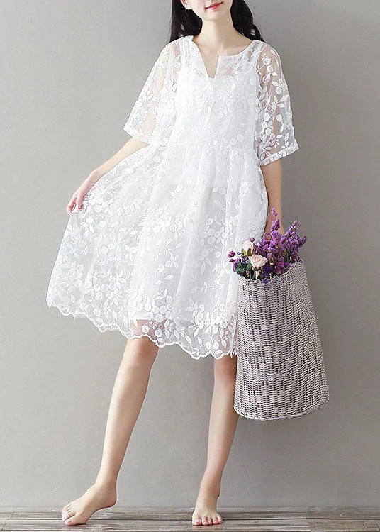 Bohemian White Embroideried Lace Patchwork Tulle Mid Dress Summer Tulle Dress Formal