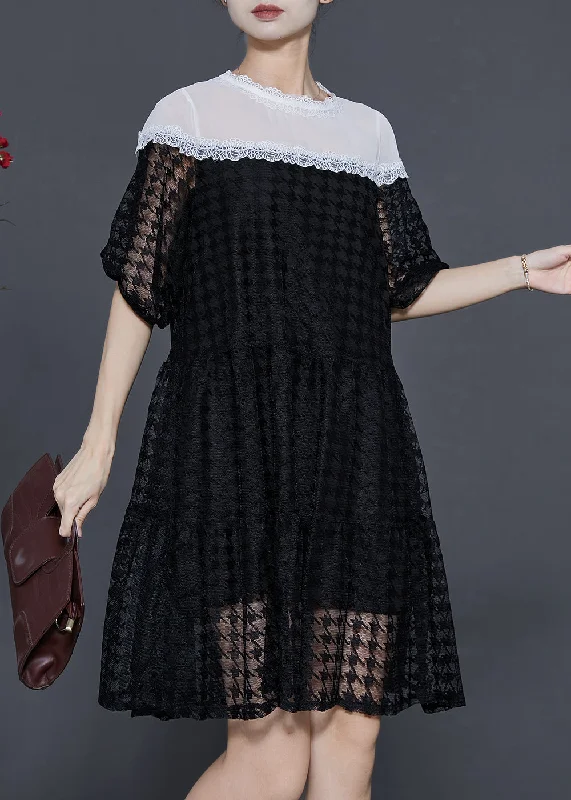 Bohemian Black Puff Sleeve Patchwork ChiffonTulle Maxi Dress Summer Classic Tulle Dress