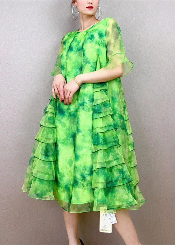 Art Green O-Neck Ruffled Patchwork Tulle Mid Dress Summer Tulle Dress Occasion