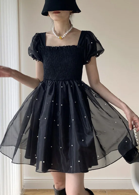 French Black Nail Bead Lace Up Tulle Mid Dress Puff Sleeve White Lace Tulle