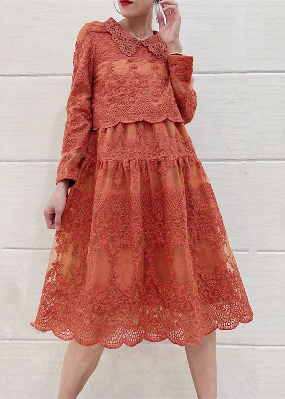 Italian Orange Peter Pan Collar Embroideried Patchwork Tulle Dresses Long Sleeve Romantic Tulle Gown