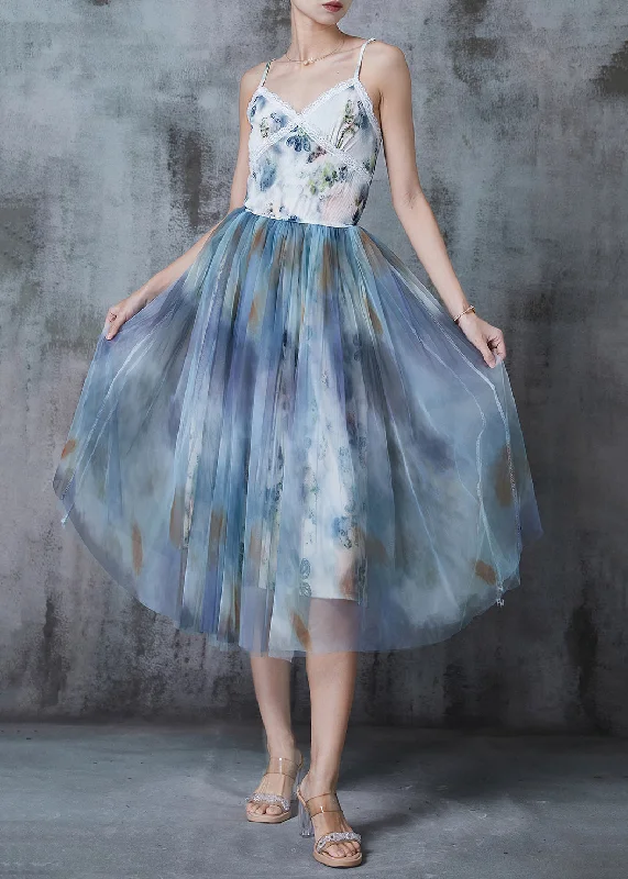 Elegant Blue Tie Dye Exra Large Hem Tulle Cami Dresses Summer A-line Tulle Gown