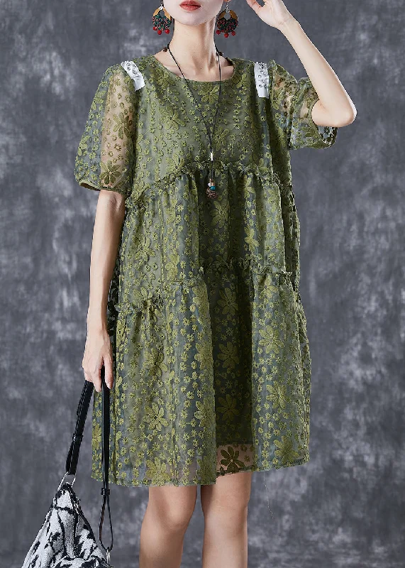 French Army Green Embroideried Ruffled Tulle Vacation Dresses Summer Bohemian Tulle Dress