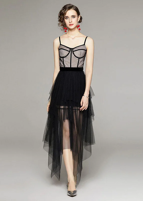 Style Black Asymmetrical Patchwork Tulle Spaghetti Strap Dress Summer Tulle Dress Look