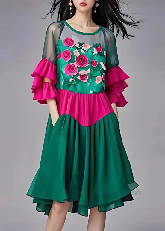 Fashion Green Print Tulle Patchwork Chiffon Mid Dress Butterfly Sleeve Ruffled Tulle Dress