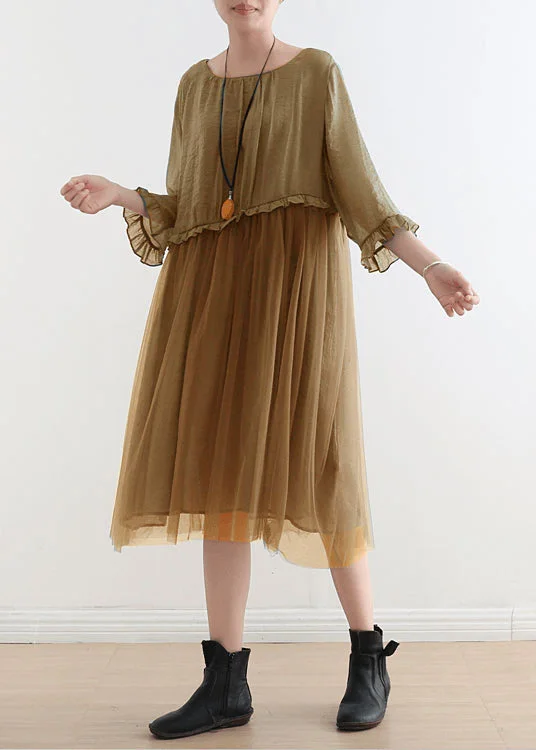 French Khaki Holiday Tulle Silk Maxi Dress Summer Tulle Dress Vibe