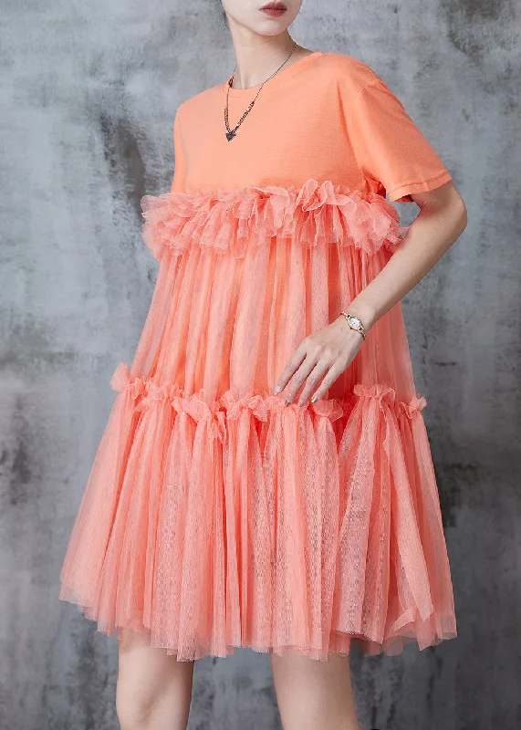 Orange Patchwork Tulle Mini Dresses Oversized Summer Sweet Tulle Dress