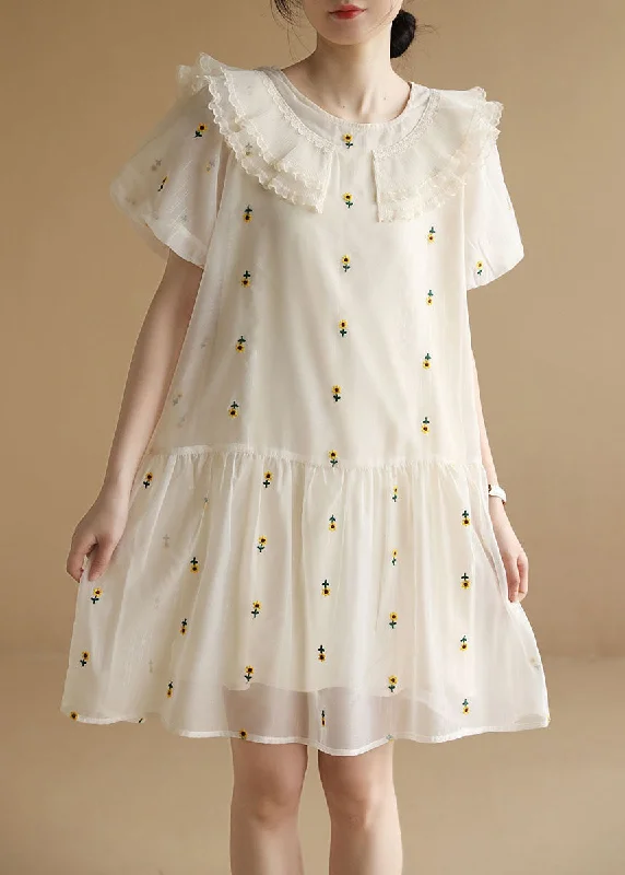 Italian White O-Neck Embroideried Tulle Vacation Dresses Short Sleeve Romantic Tulle Dress