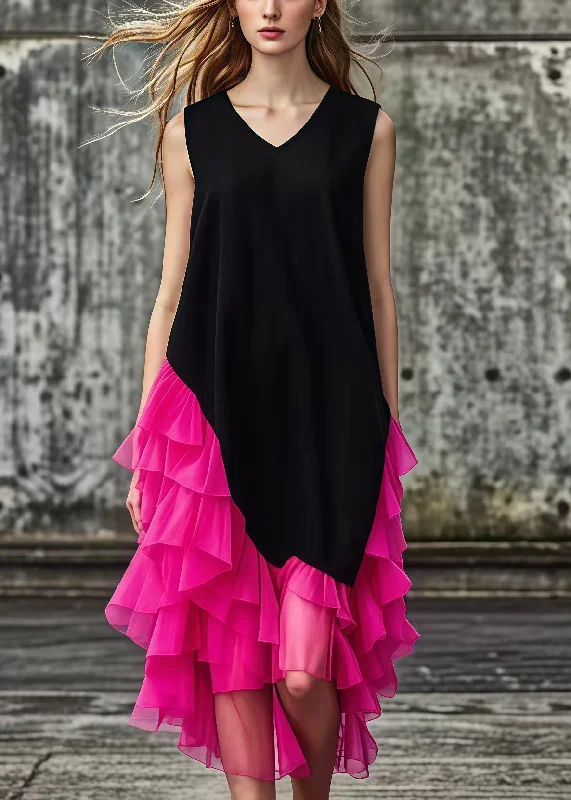 French Black Asymmetrical Tulle Patchwork Cotton Maxi Dresses Summer Vintage Tulle Dress