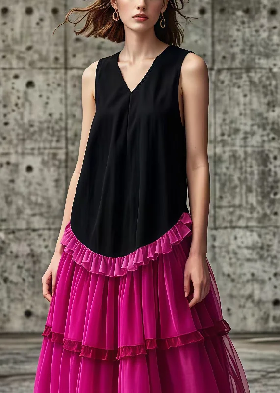 Rose Patchwork Tulle Cotton Long Dresses Ruffled Sleeveless Elegant Tulle Gown