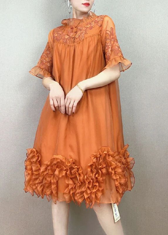 Handmade Orange Ruffled Embroideried Patchwork Tulle Dress Summer Tulle Dress Trendy