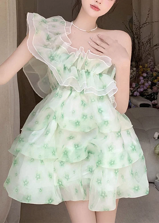 DIY Green Slash Neck Print Tulle Mid Dress Summer Tulle Dress Fashion