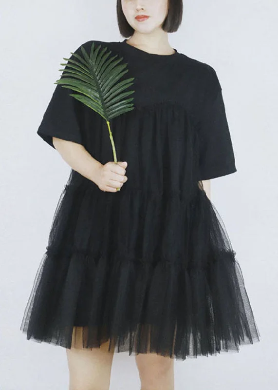 Black Tulle Patchwork Cotton A Line Dress O-Neck Short Sleeve Pretty Tulle Dress