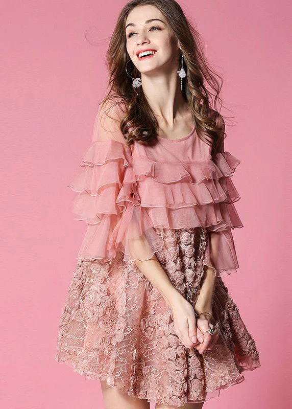 Casual Pink Ruffles Patchwork Applique Tulle Dress Half Sleeve Sexy Tulle Dress