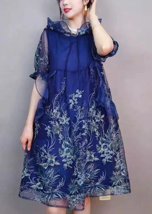 Natural Navy Hooded Ruffled Embroideried Patchwork Tulle Mid Dress Summer Tulle Dress Perfect