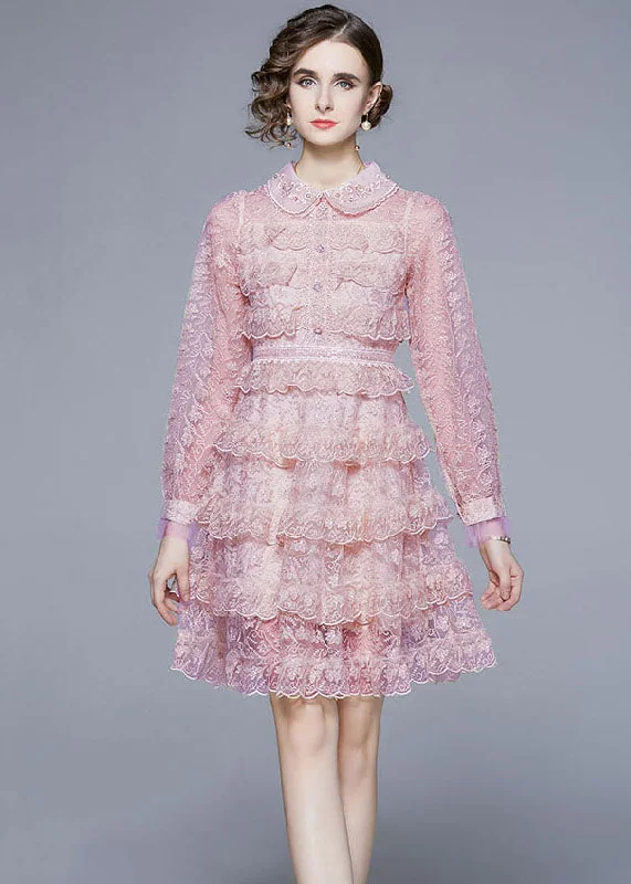 New Pink Ruffled Lace Button Patchwork Tulle Mid Dress Summer Tulle Dress Fashion