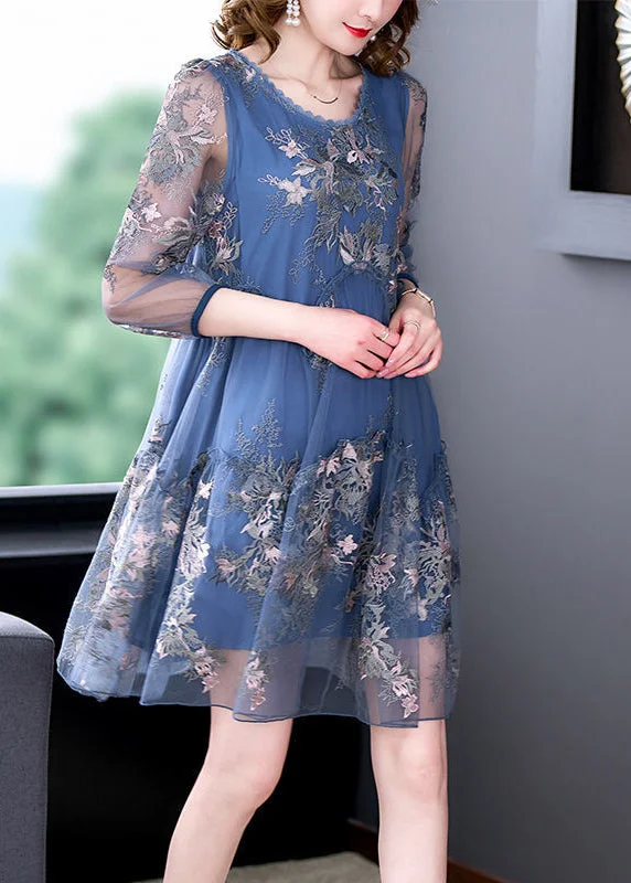 Women Blue Embroideried Patchwork Ruffled Tulle A Line Dress Summer Tulle Dress Trendy