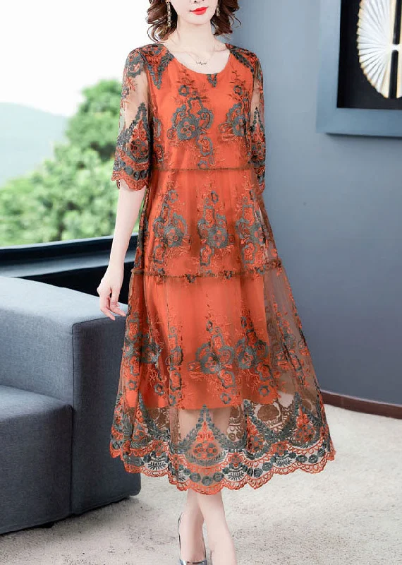 Orange Hollow Out Tulle Long Dress Embroideried Half Sleeve Tulle Dress Charm