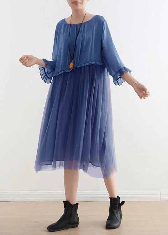 2023 Royal Blue Tulle Maxi dresses Sundress Half Sleeve Romantic Tulle Gown