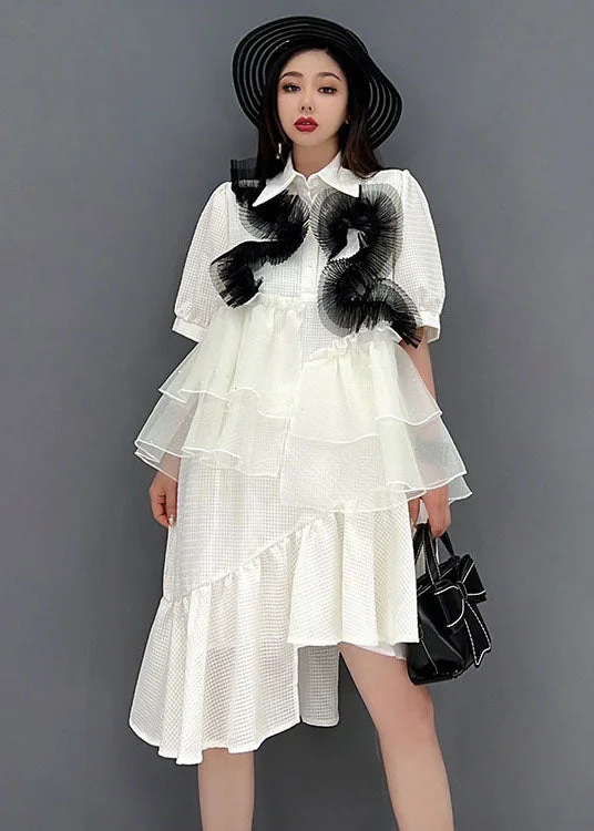 Women White Peter Pan Collar Asymmetrical Design Ruffles Patchwork Tulle Maxi Dresses Short Sleeve Tulle Dress Perfect