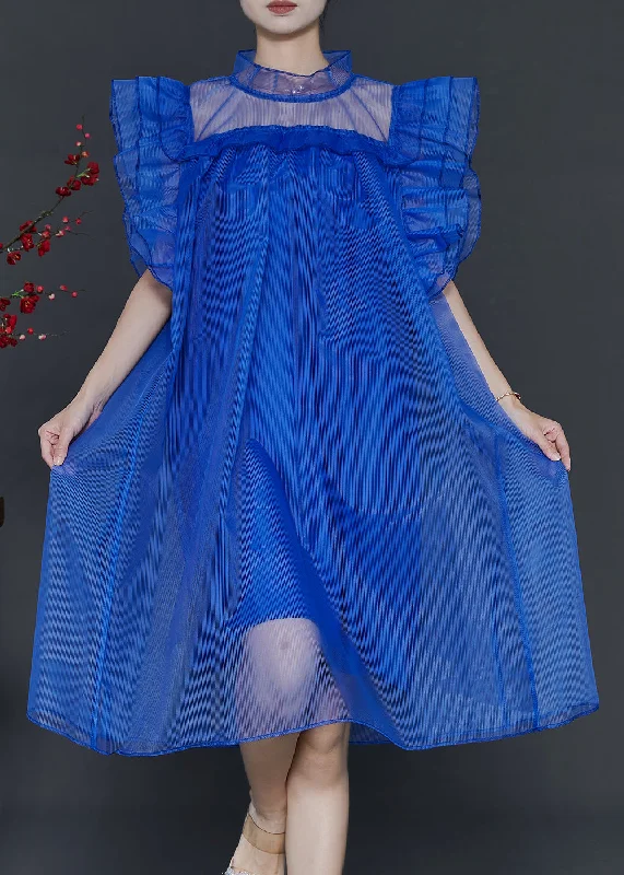 Blue Loose Tulle Tea Dress Stand Collar Butterfly Sleeve Soft Tulle Gown