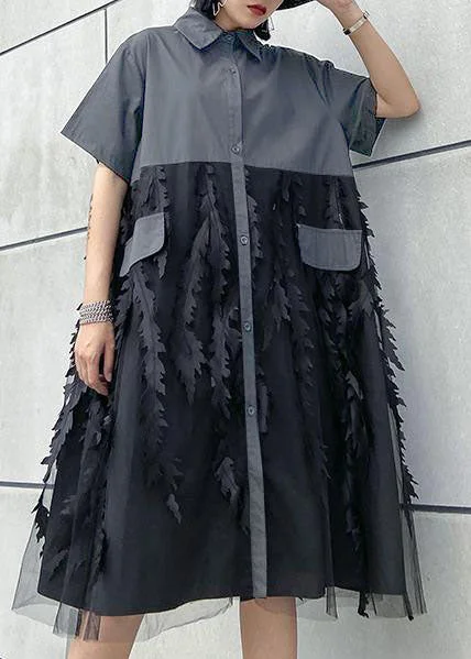 Beautiful lapel tulle Cotton summer clothes For Women Shape Grey Dress Tulle Midi Dress