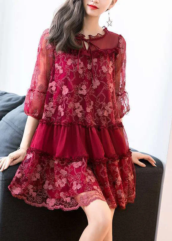 Italian Mulberry Embroideried Ruffled Patchwork Tulle Dress Half Sleeve Vintage Tulle Dress