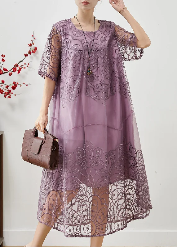 Modern Lavender Embroidered Tulle Maxi Dresses Summer Tulle Dress Simple