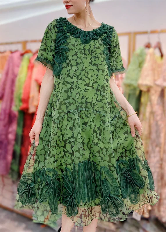 Organic Green Wrinkled Decorated Print Patchwork Tulle Dress Summer Tulle Midi Dress