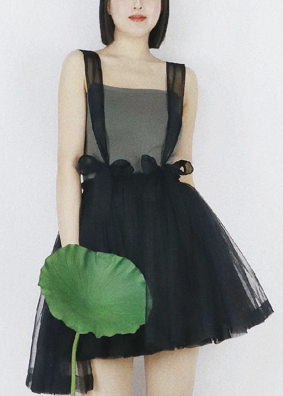 Black Tulle Strap Short Dress Solid Color Elastic Waist Summer Tulle Dress Shine