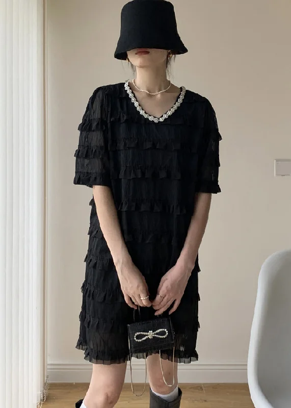 Black Patchwork Tulle Mid Dress V Neck Nail Bead Ruffled Summer Ruffled Tulle Gown