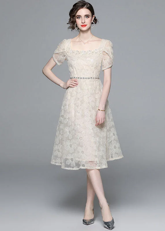 Fashion Apricot Square Collar Zircon Embroideried Tulle Dresses Summer Tulle Dress Dream