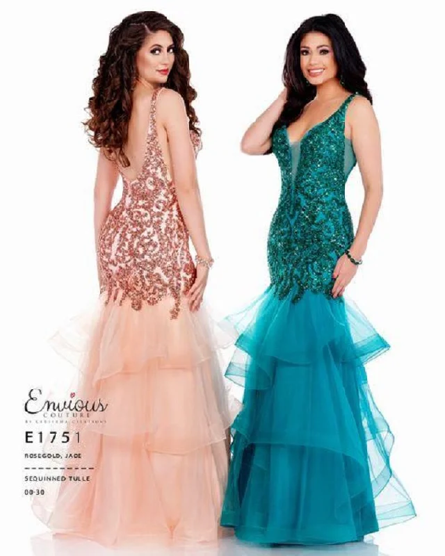 Envious Couture E1751 Size 4 Mermaid Prom Dress Embellished V Neckline Ruffle Tulle Skirt 1751 Tulle Dress Style