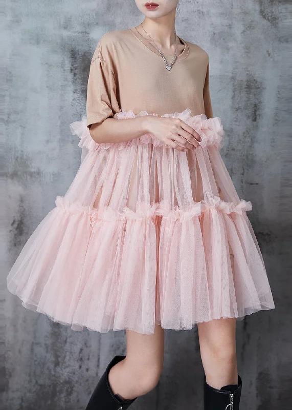 Casual Apricot Ruffled Patchwork Tulle Tea Dress Summer Tulle Dress Twirl