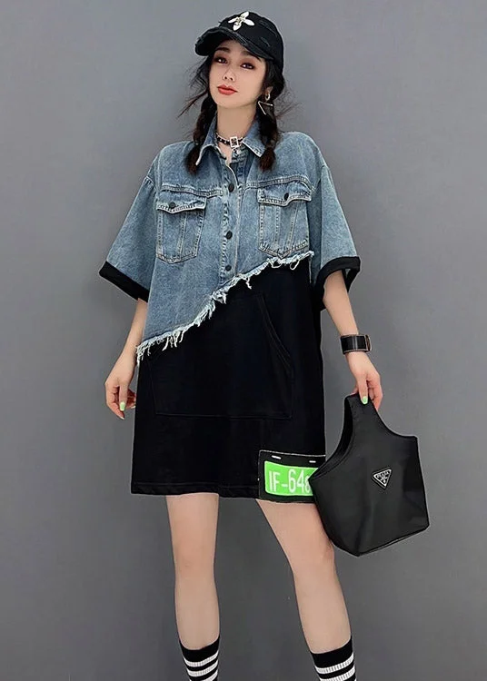 Classy Blue Asymmetrical denim Patchwork Tulle Button Pockets Mid Dresses Short Sleeve Party Tulle Dress