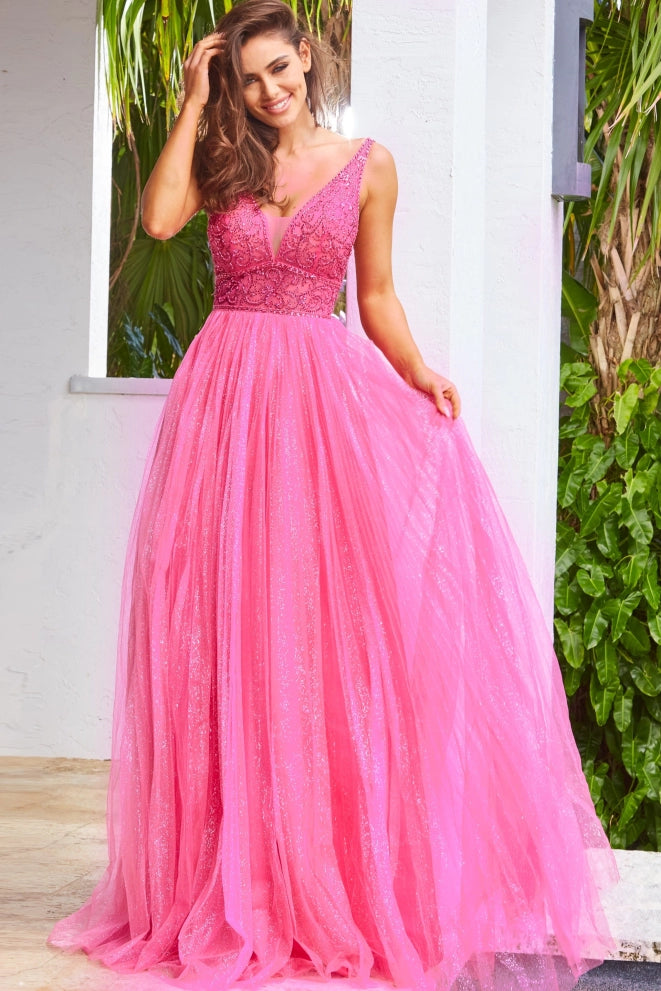 Jovani JVN05818 Fuchsia Prom Dress Long A Line Glitter Tulle Sheer V Neck Backless Embellished size 8 Elegant Tulle Dress