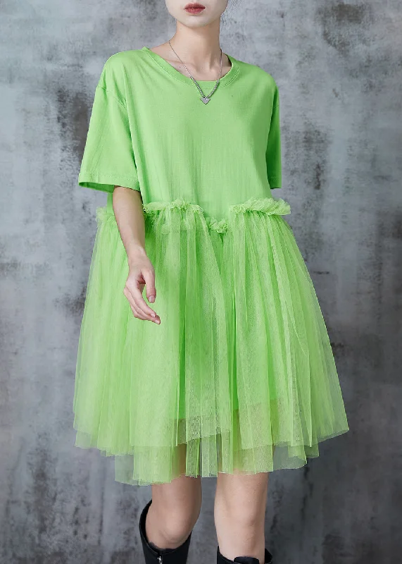 Chic Grass Green Oversized Patchwork Tulle Mini Dresses Summer Tulle Dress Design