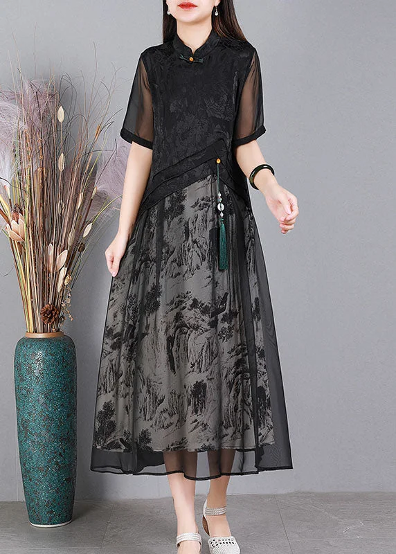 Vintage Black Mandarin Collar Print Tulle Patchwork Silk Long Dresses Short Sleeve Tulle Dress Formal