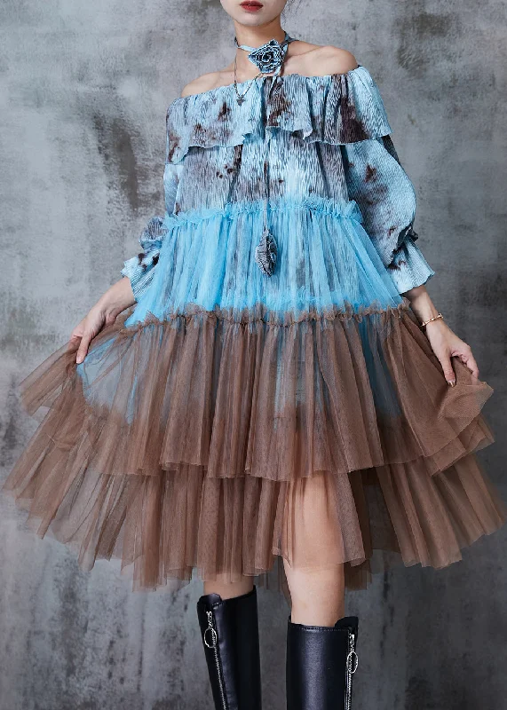 Modern Blue Tie Dye Cold Shoulder Tulle Work Dress Summer Tulle Dress Ruffles